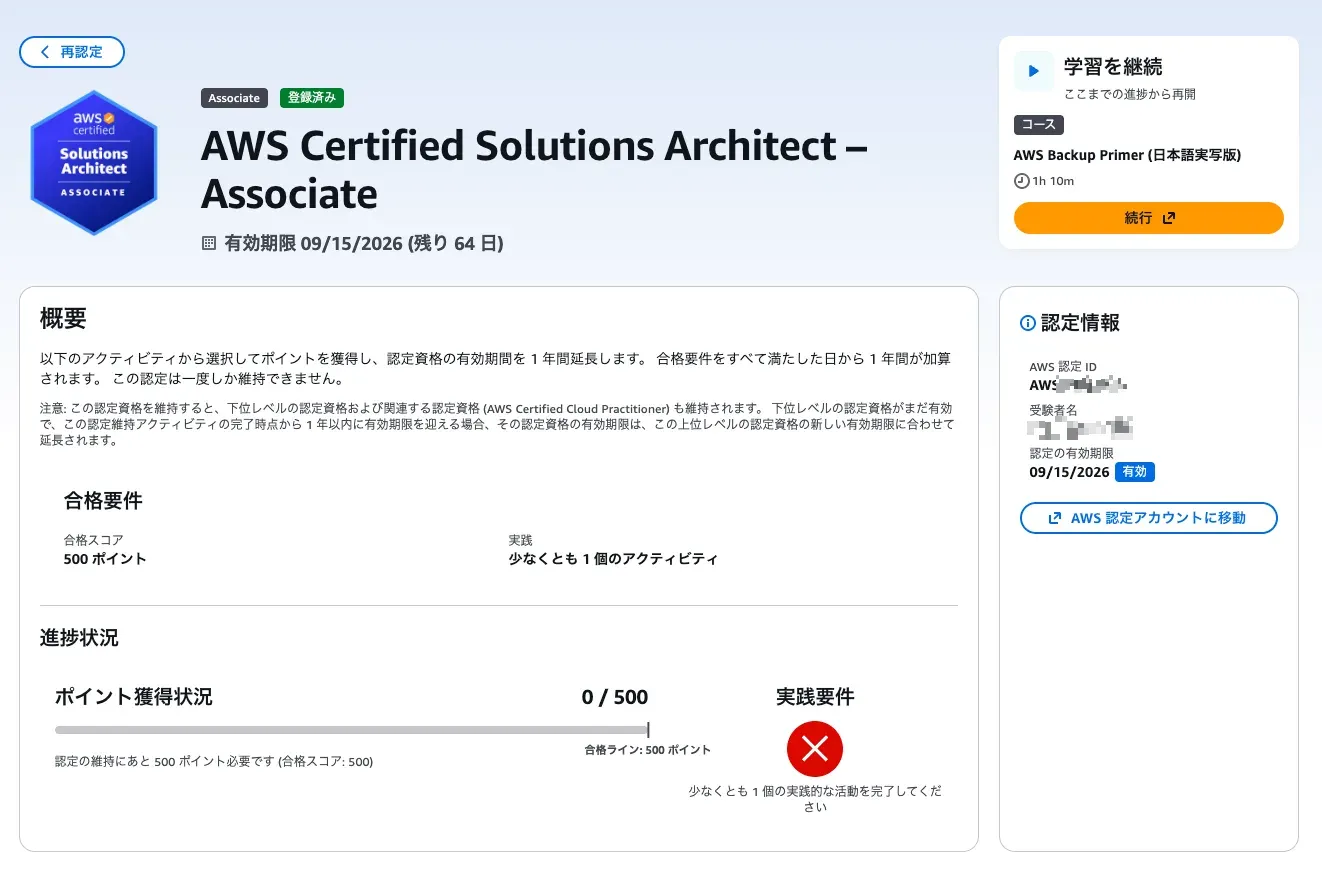 The progress dashboard right after registration. Points earned show 0/500, and the hands-on requirement has a red X mark for not yet met