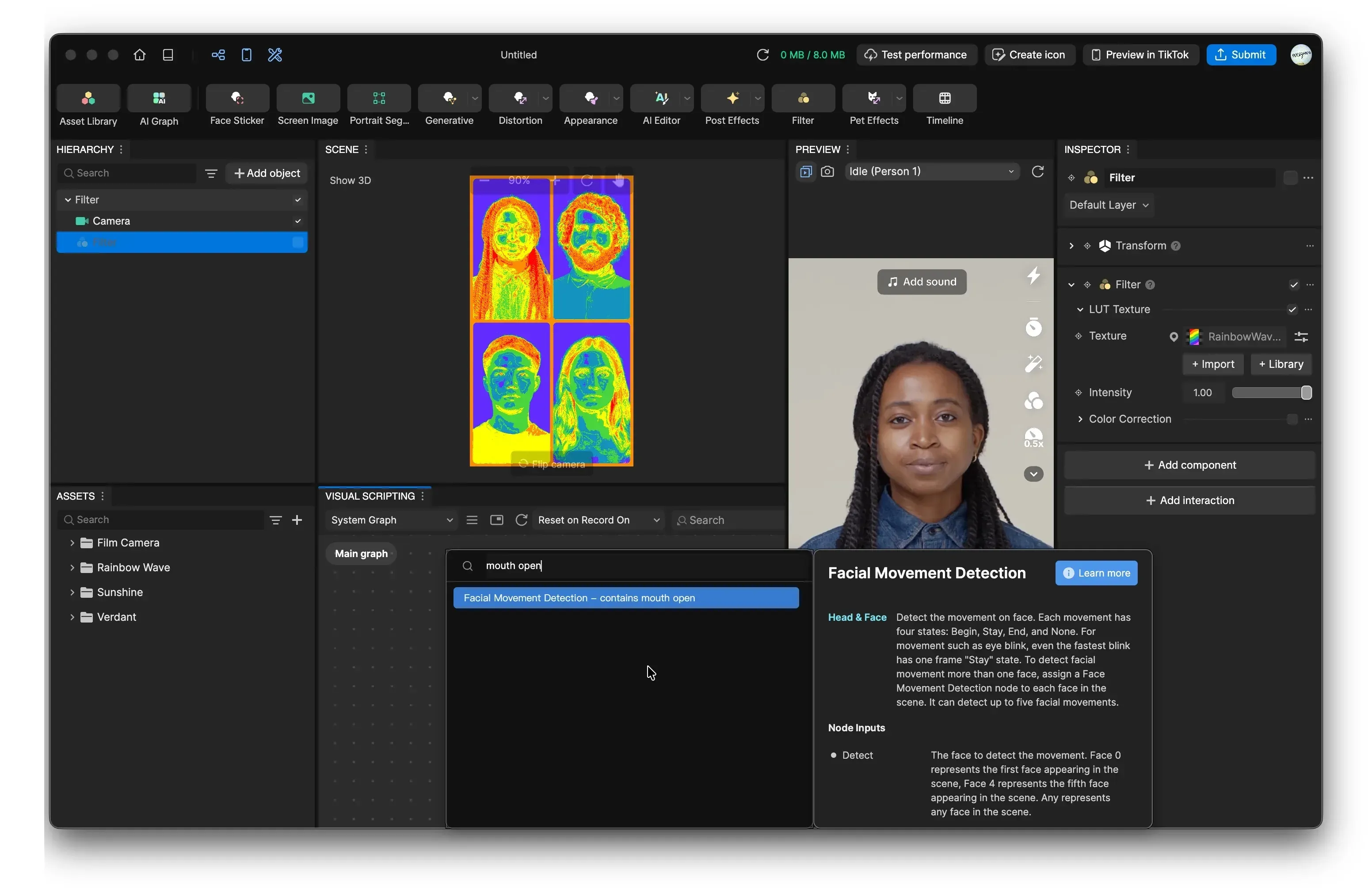 Visual programming: creating nodes to detect opening and closing the mouth