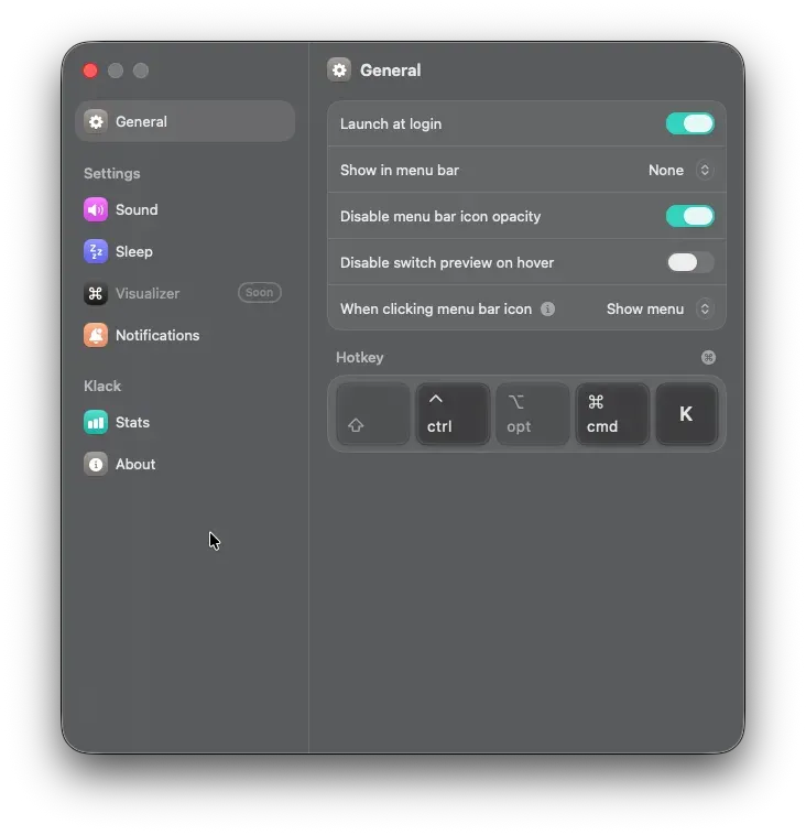 Klack's General settings screen, where you can set auto-launch, menu bar display, hotkeys, and more all in one place