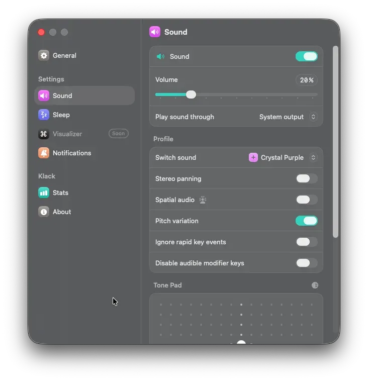 Klack's Sound settings screen, where you can finely adjust volume, switch sound, pitch variation, and more