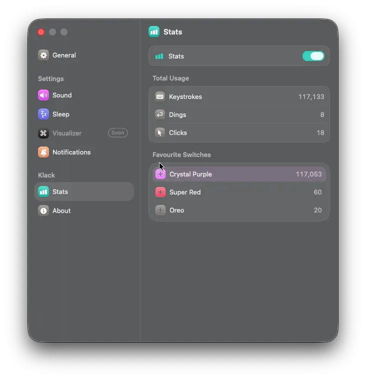 Klack's Stats screen, showing total keystrokes and a ranking of frequently used switches