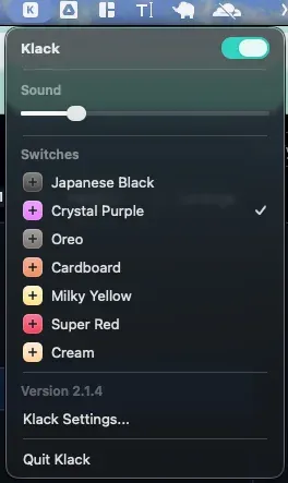 Switching switches from Klack's menu bar. You can choose from several switch sounds